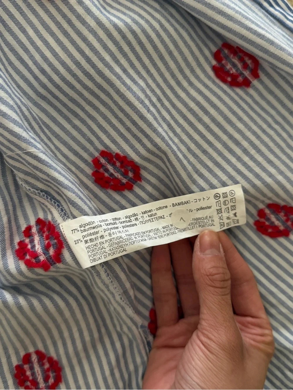 Zara Blue & White Striped Puff Sleeve Blouse with Red Embroidery - Size XS